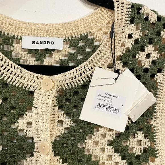 New Sandro Henrika Geo Crochet Vest Ecru Olive Large $295 - Picture 7 of 9